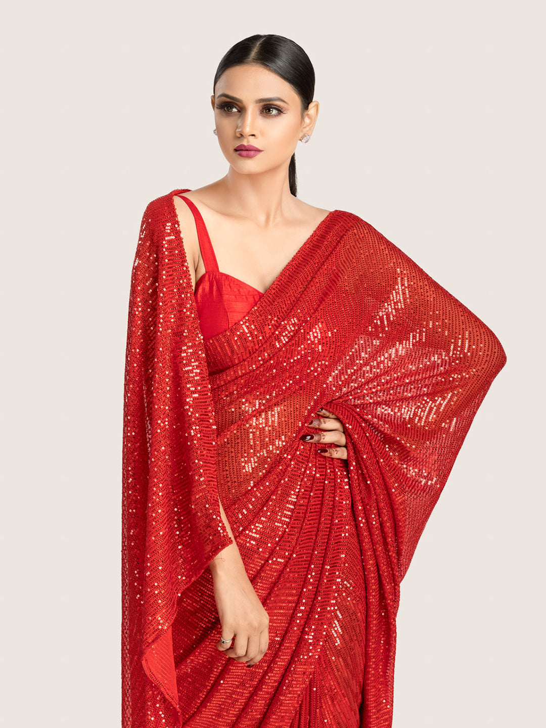 Red Sequins Saree With Blouse Fabric