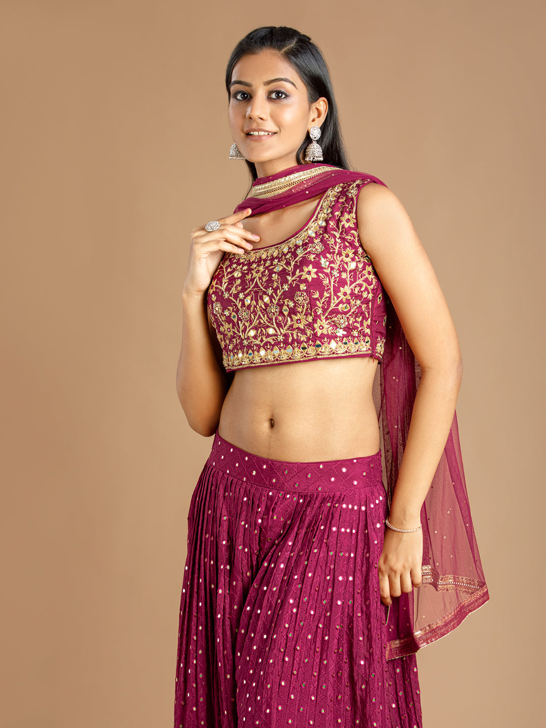 Red Sharara Set With Cropped Blouse