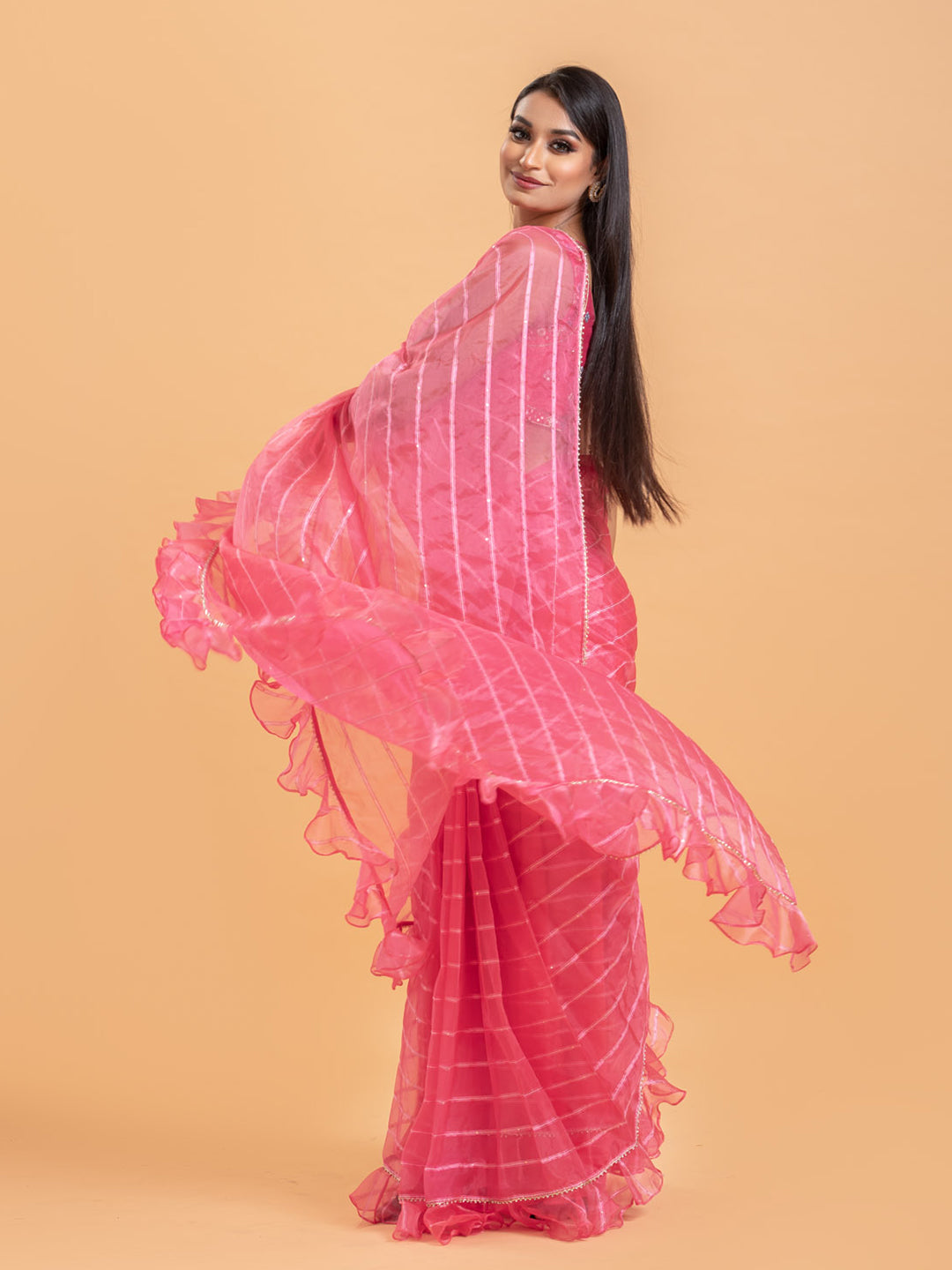 Pink Organza Ruffle Saree With Mirror Work Blouse