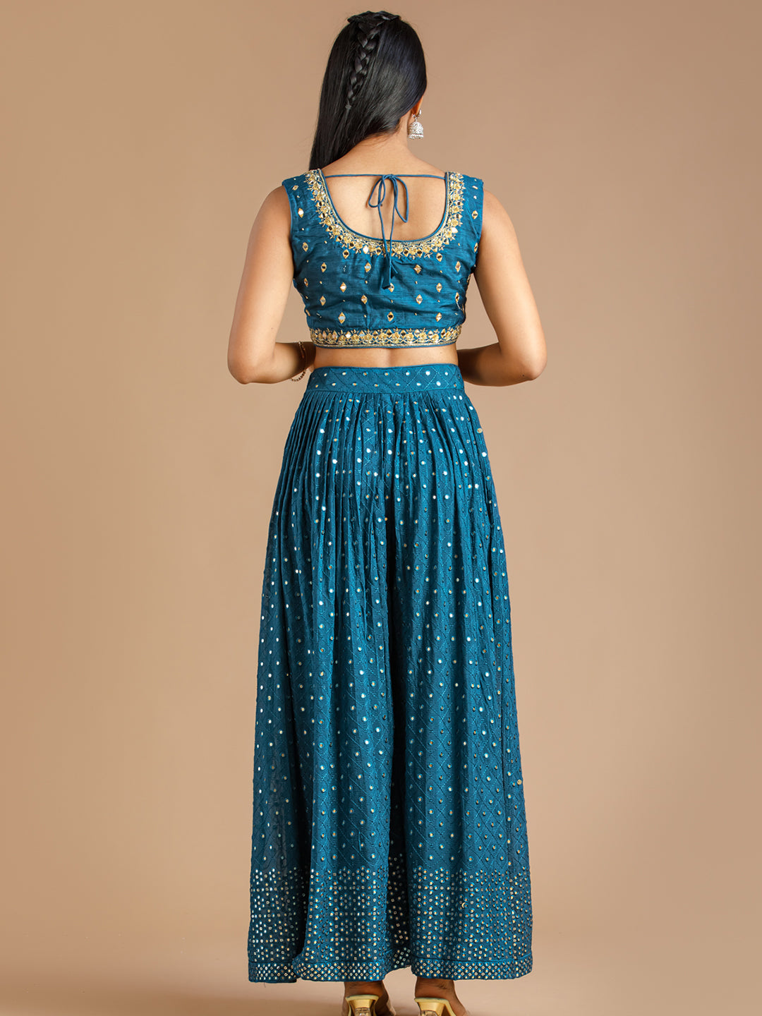 Blue Sharara Set With Cropped Blouse