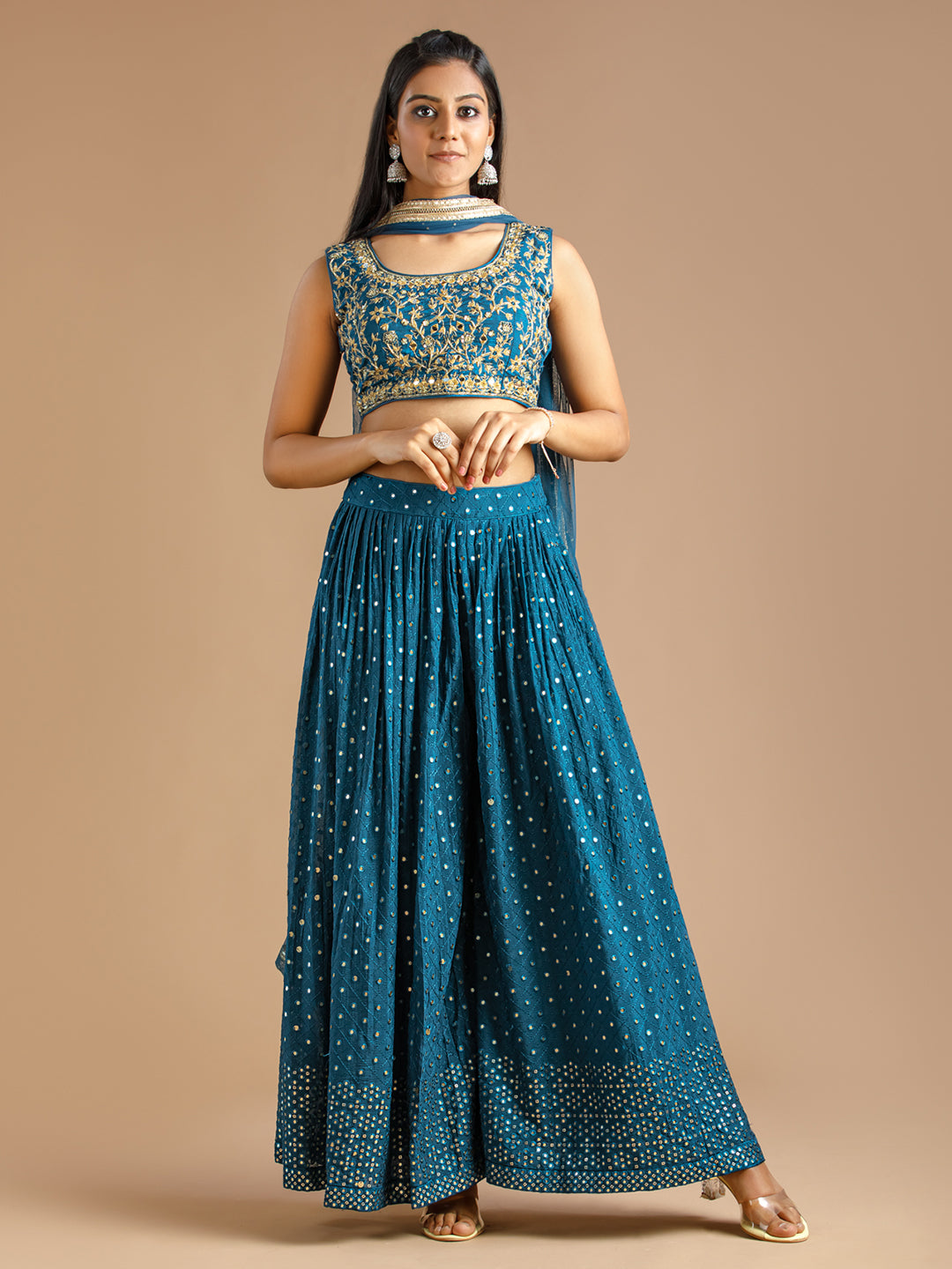 Blue Sharara Set With Cropped Blouse