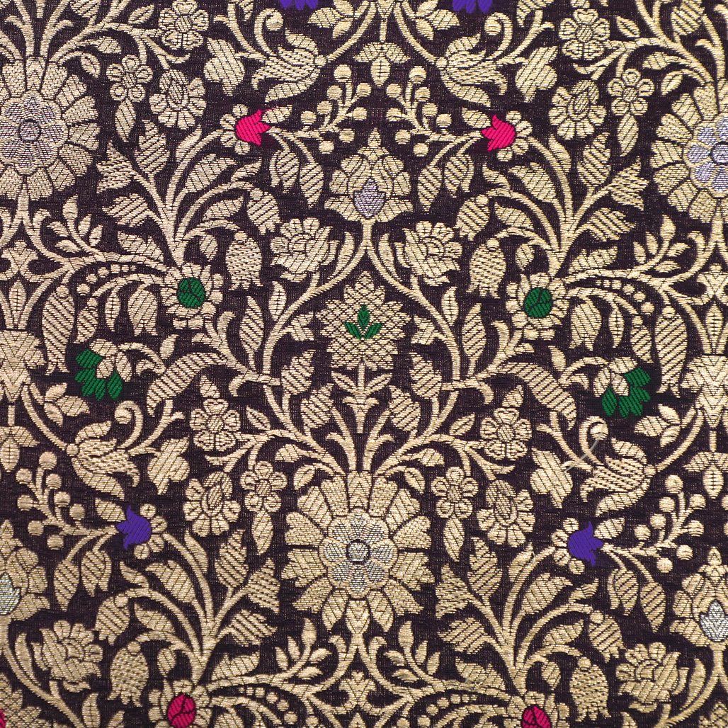 Wine Hand-woven Banarasi Brocade Pure Silk With Gold Zari & Meena Work