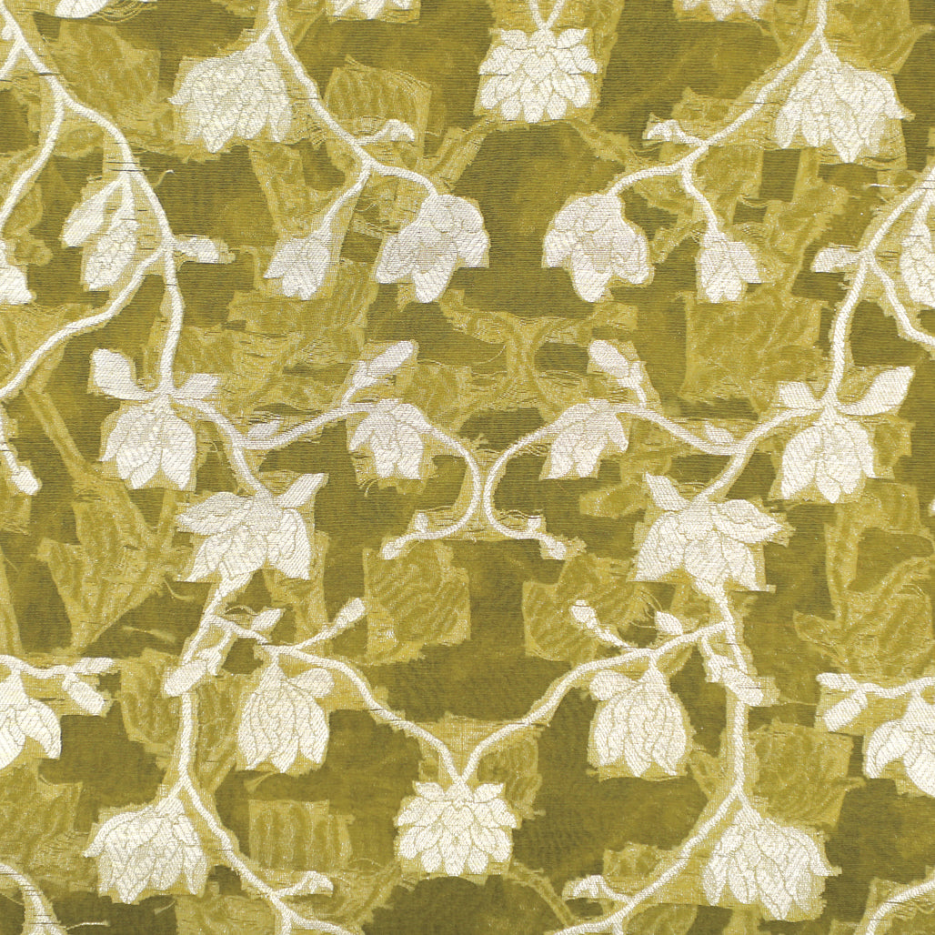 Olive Green Hand-woven Banarasi Brocade Pure Organza Fabric With Light Gold Zari