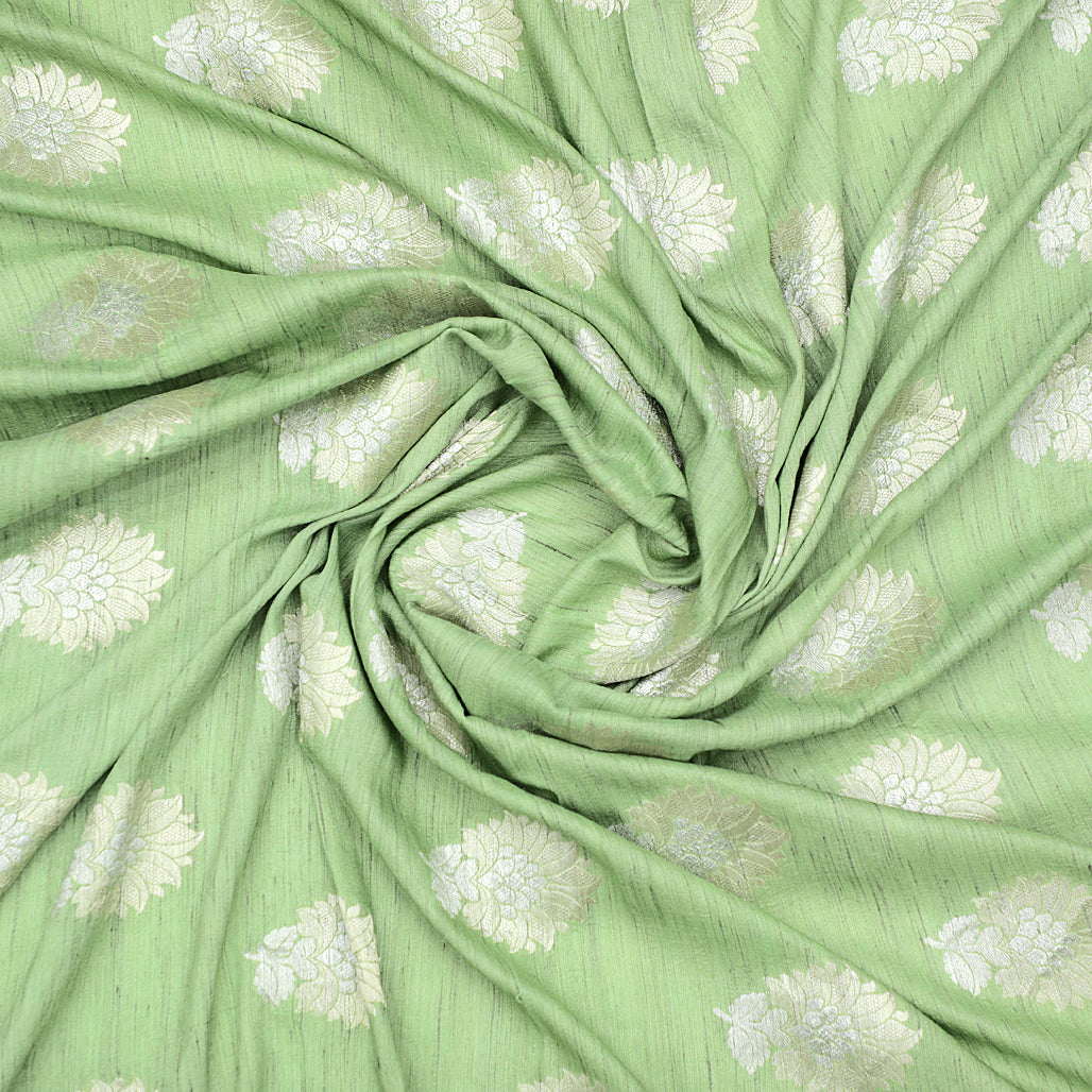 Pista Green Hand-woven Banarasi Brocade Pure Khadi Silk With Silver & Light Gold Zari