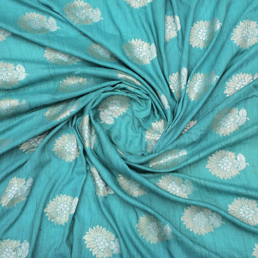 Firozi Blue Hand-woven Banarasi Brocade Pure Khadi Silk With Silver & Light Gold Zari