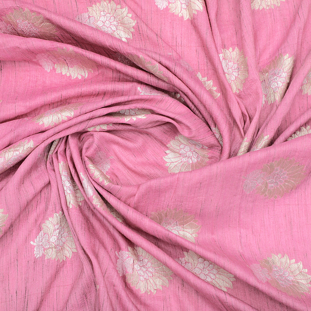 Pink Hand-woven Banarasi Brocade Pure Khadi Silk With Silver & Light Gold Zari