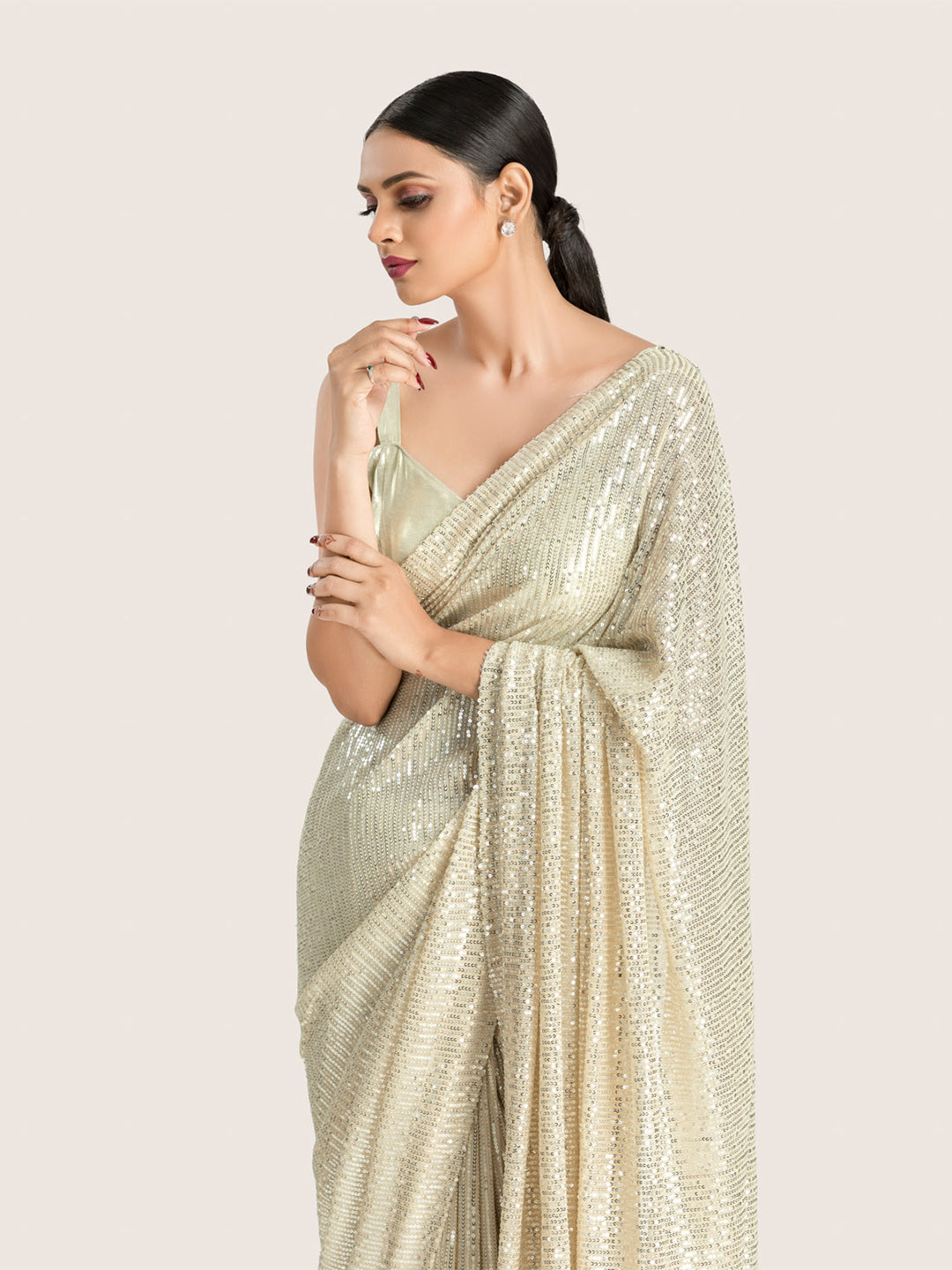 Cream Sequins Saree With Blouse Fabric