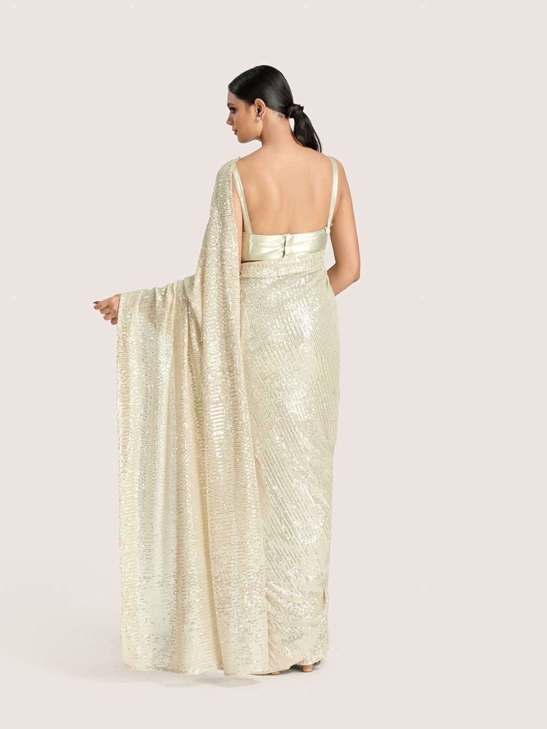 Cream Sequins Saree With Blouse Fabric