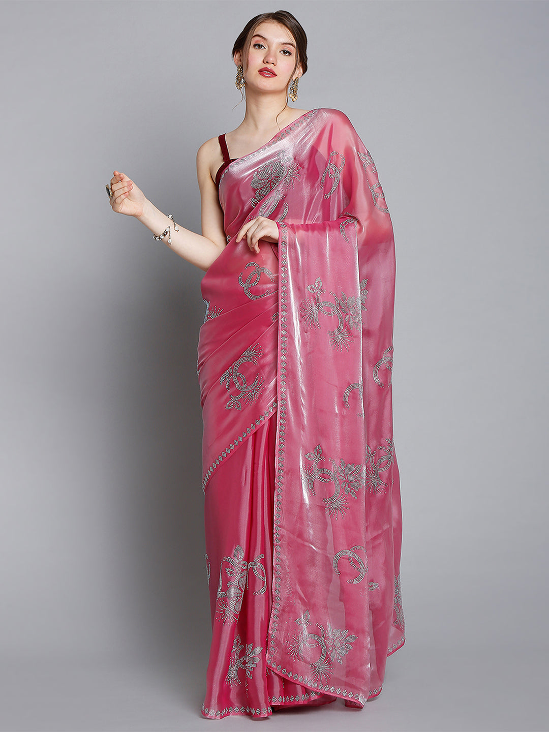 Pink Soft Tissue Saree With Floral Embrodiery
