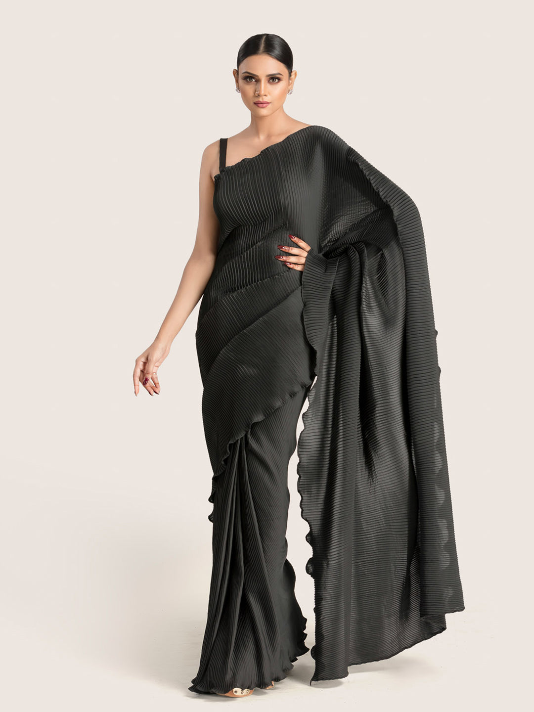Black Pleated Satin Georgette Saree With Blouse Fabric