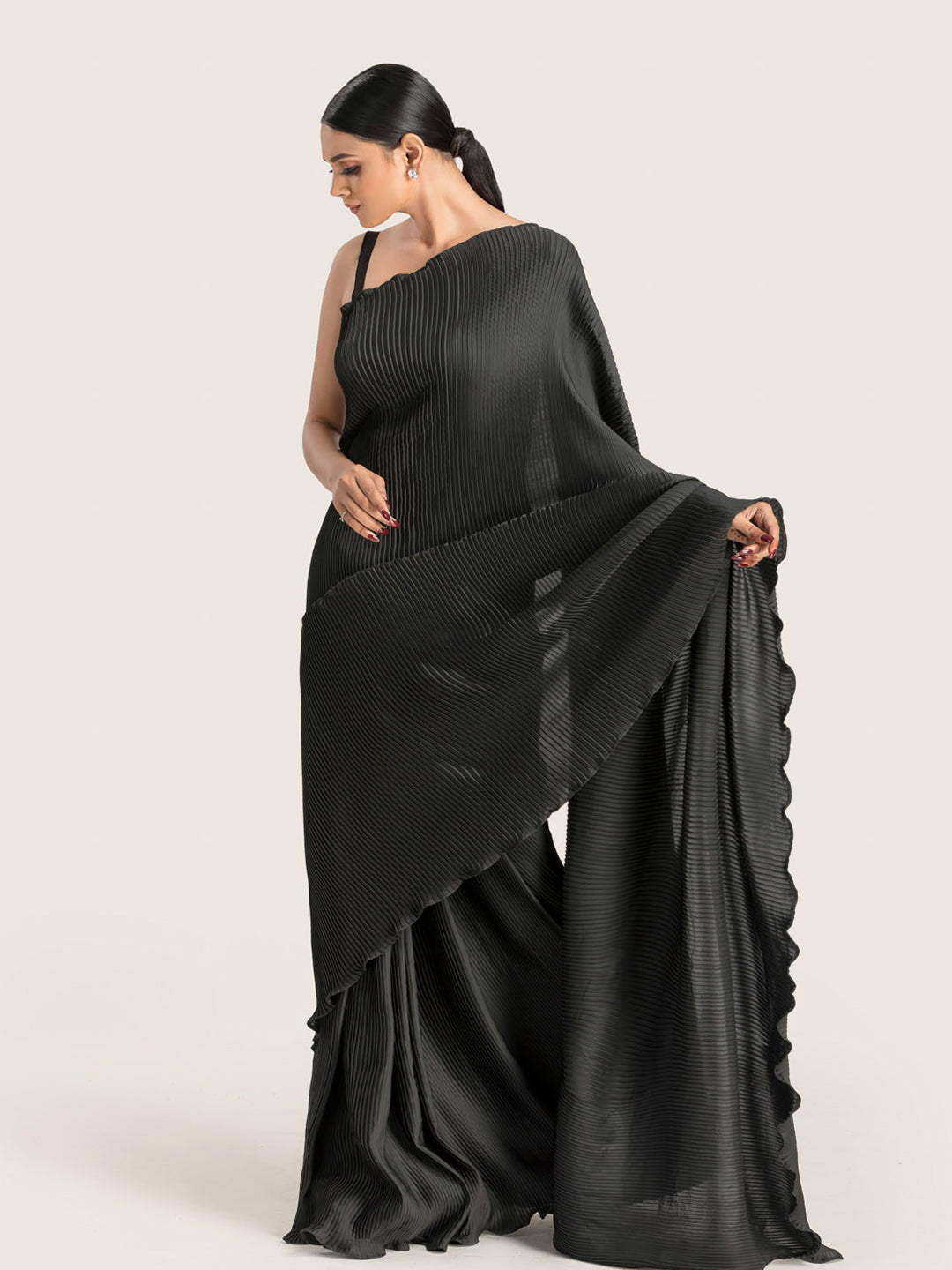 Black Pleated Satin Georgette Saree With Blouse Fabric