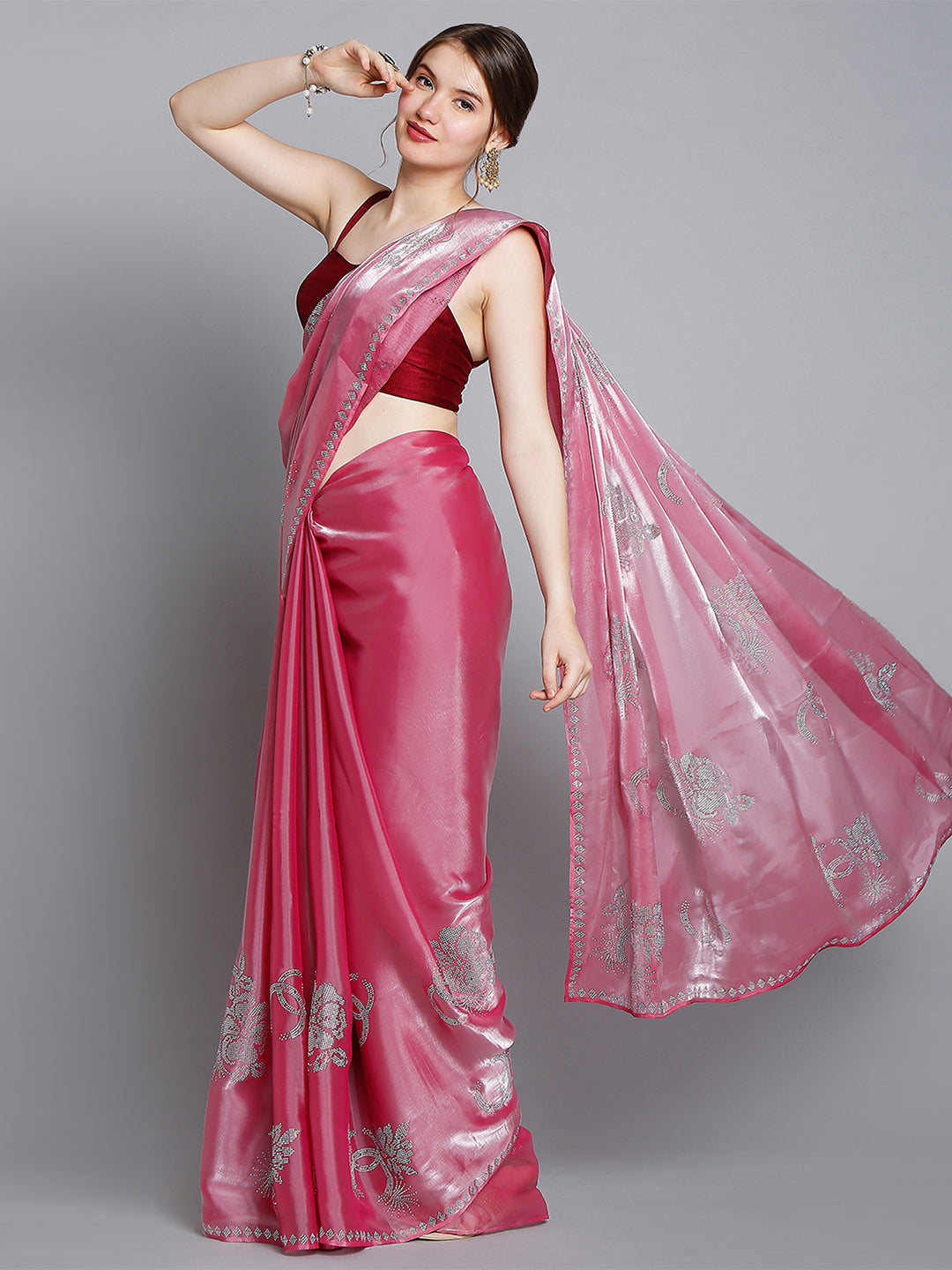 Pink Soft Tissue Saree With Floral Embrodiery