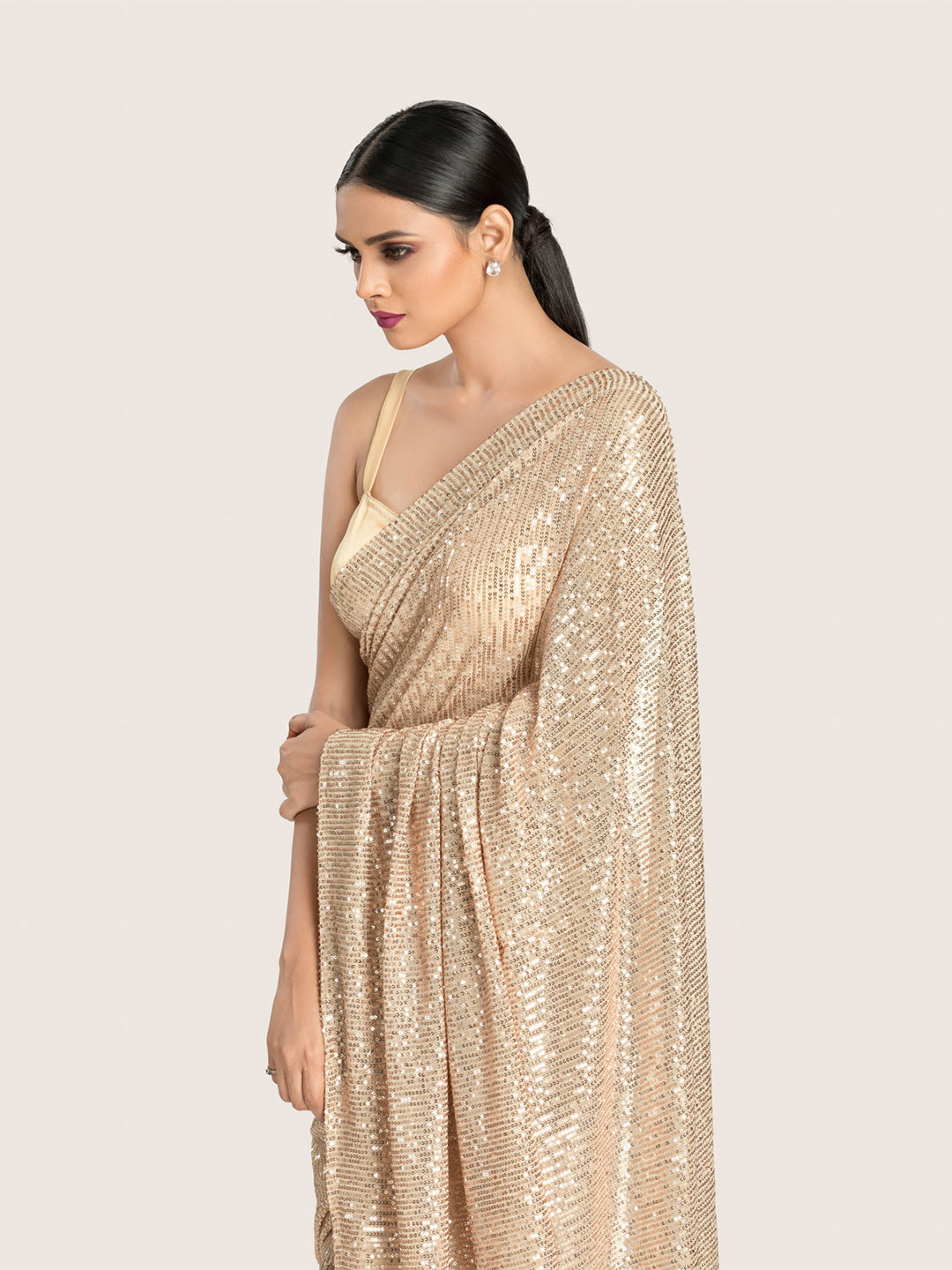 Peach Sequins Saree With Blouse Fabric
