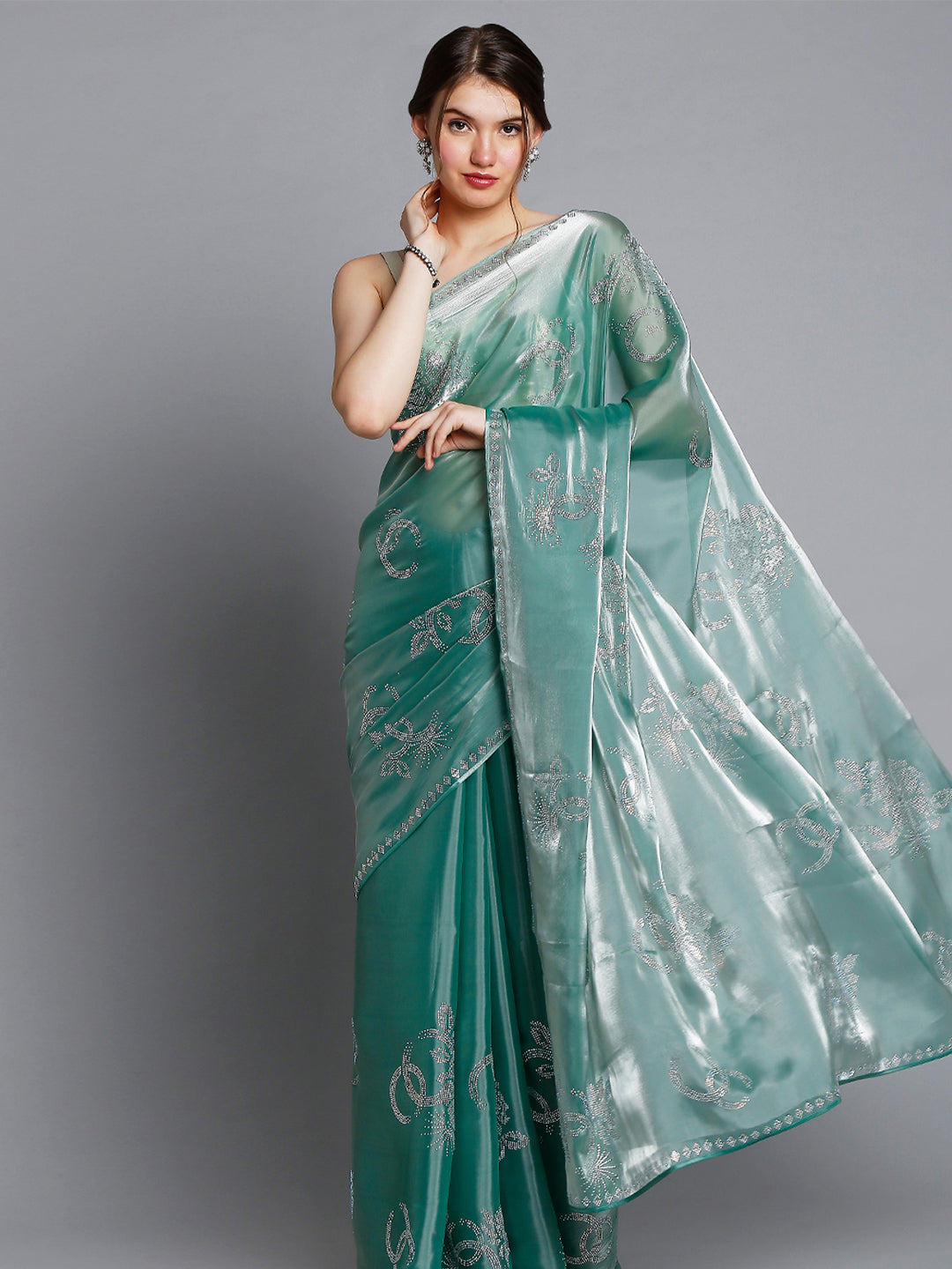 Green Soft Tissue Saree With Floral Embroidery