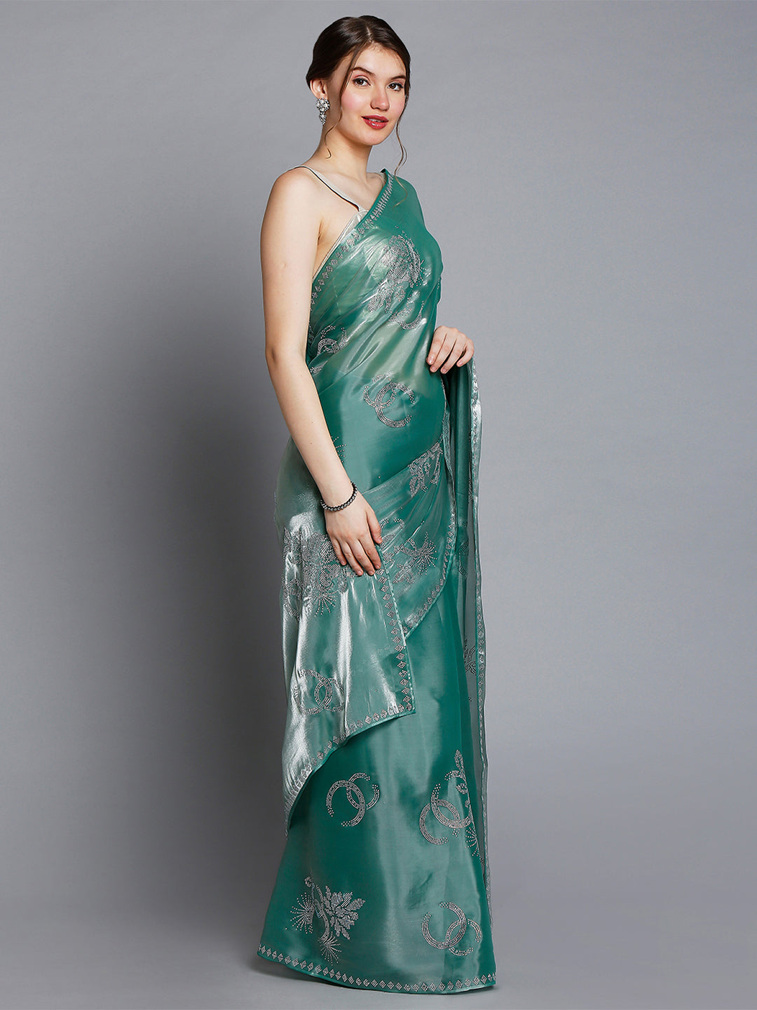 Green Soft Tissue Saree With Floral Embroidery