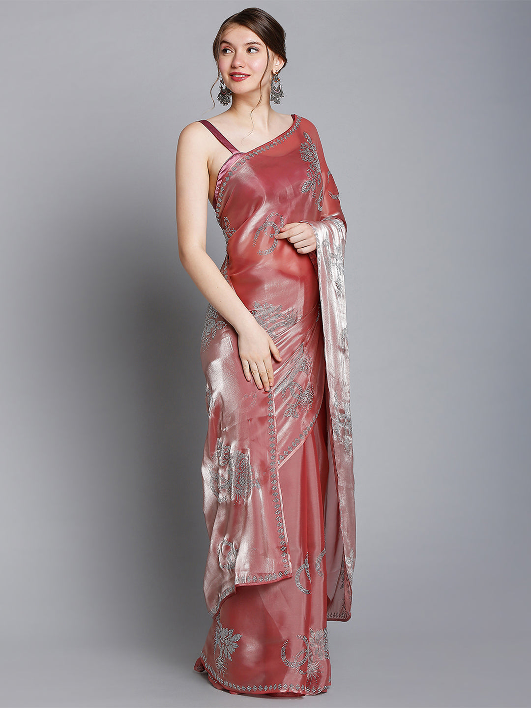 Blush Pink Soft Tissue Saree With Floral Embroidery