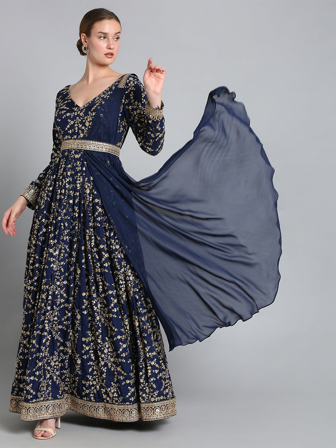 Blue Dola Silk Dress With Floral Embroidery