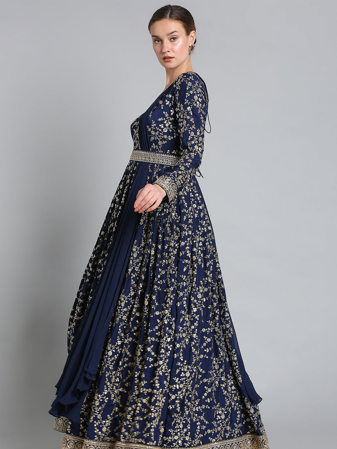 Blue Dola Silk Dress With Floral Embroidery
