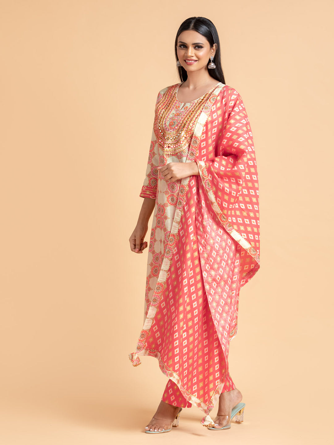 Ivory Printed Kurta Set In Cotton With Pants and Dupatta