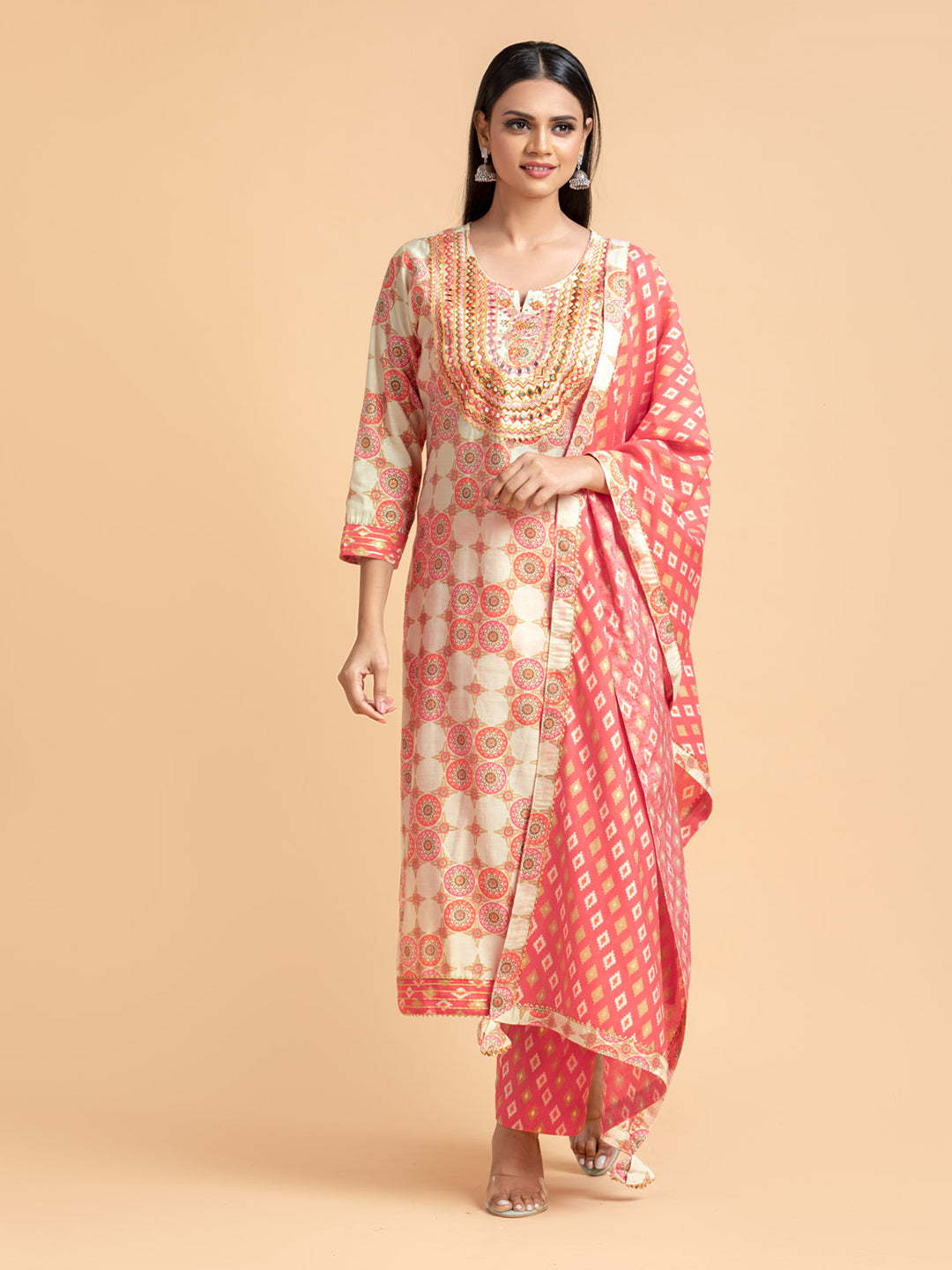 Ivory Printed Kurta Set In Cotton With Pants and Dupatta