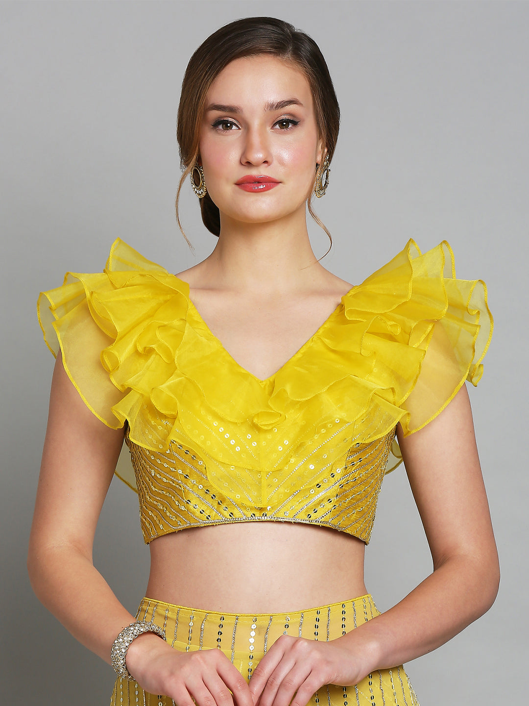 Buy YELLOW RUFFLE-TRIM PLEATED BLOUSE for Women Online in India