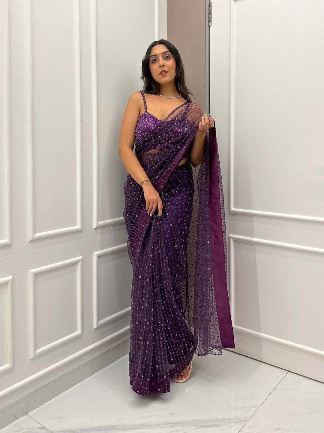 Farheen’s Purple Net Sequin Saree With Blouse Fabric