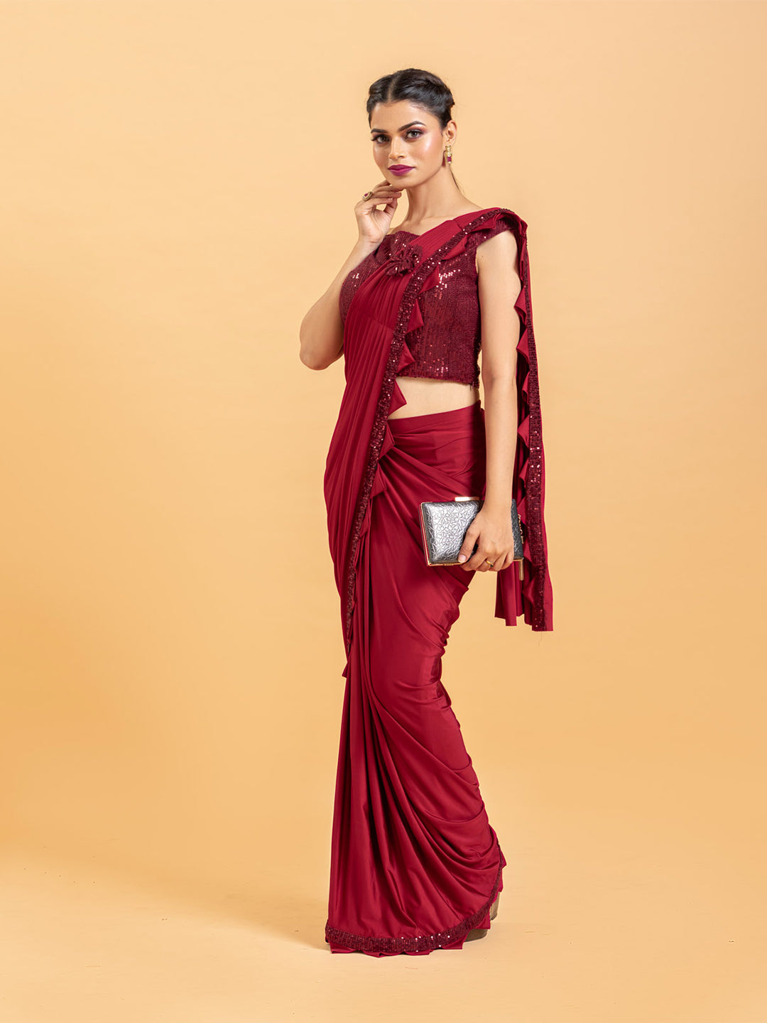 Red Drape Lycra Saree With Off Shoulder Sequin Blouse