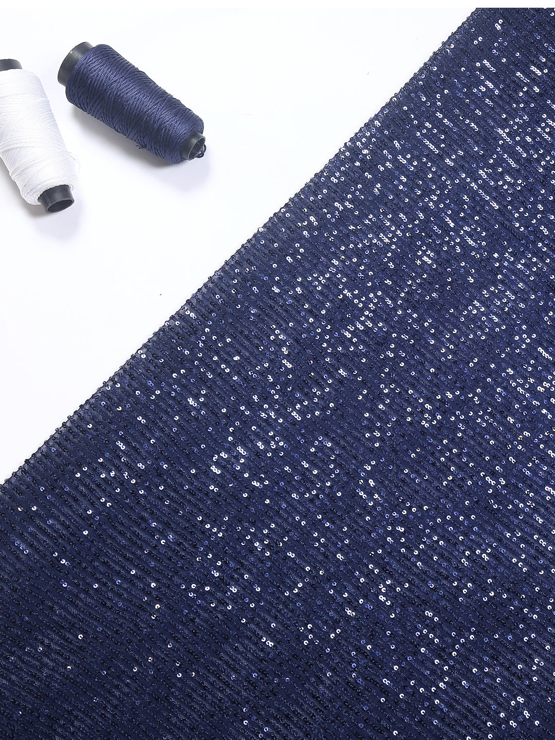Navy Blue Stretchable Net Fabric With Sequin