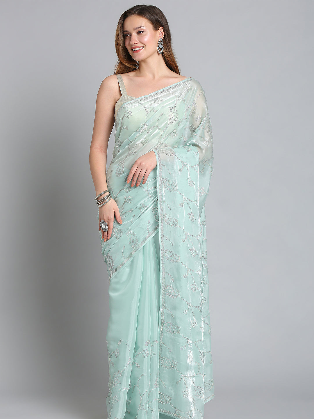 Sky Blue Soft Tissue Saree With Floral Embroidery