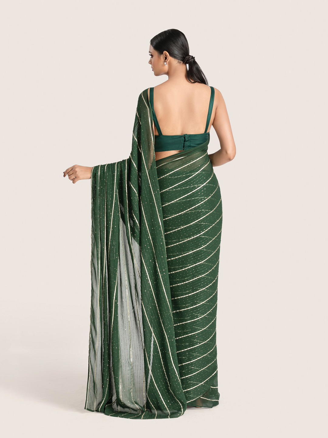 Bottle Green Georgette Sequins Saree With Blouse Fabric