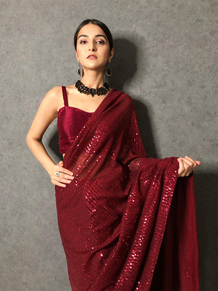 Flower Dark Maroon Embroidered Sequin Saree - Zakarto