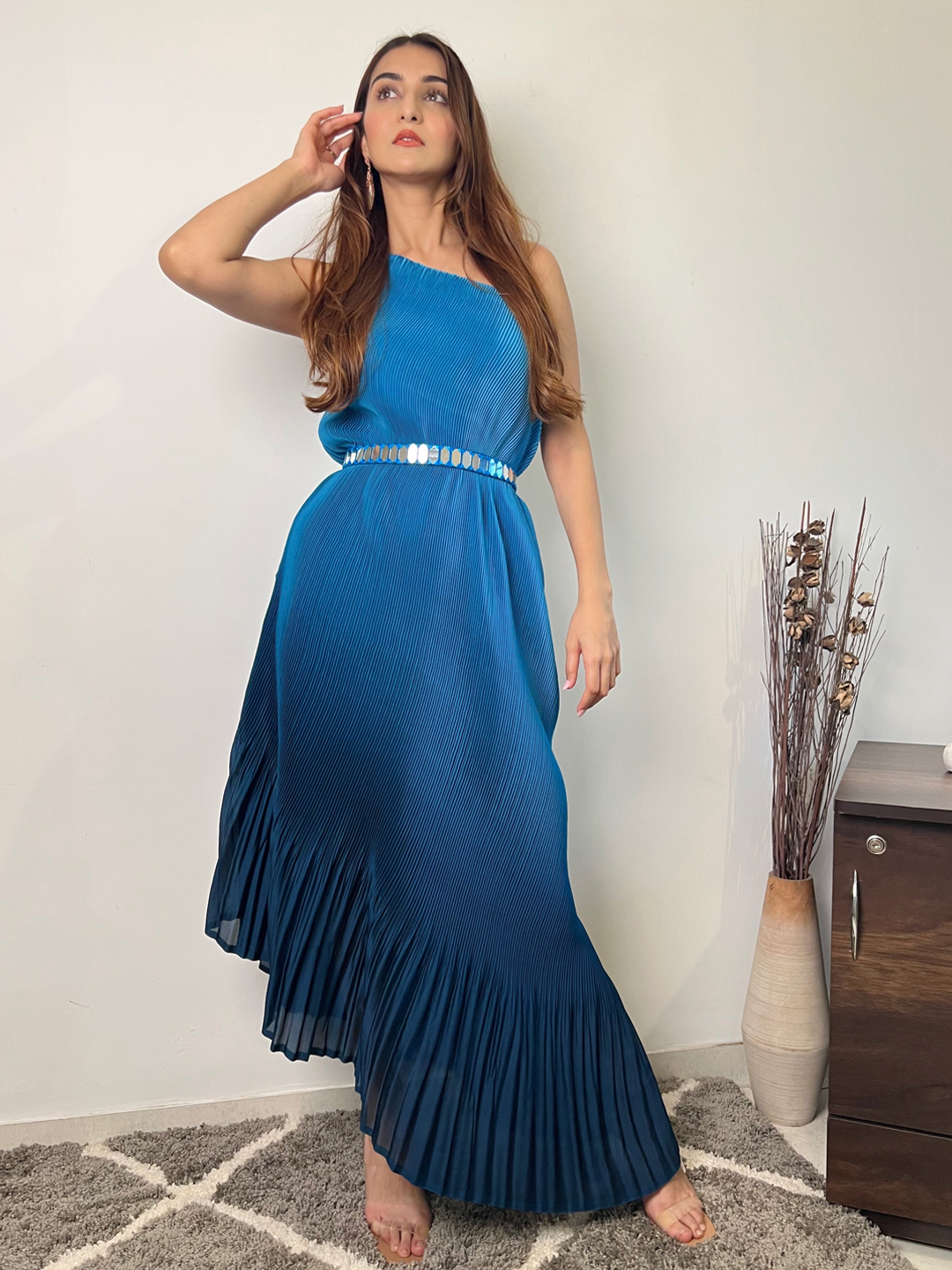 Blue Ombre Pleated One Shoulder Tunic