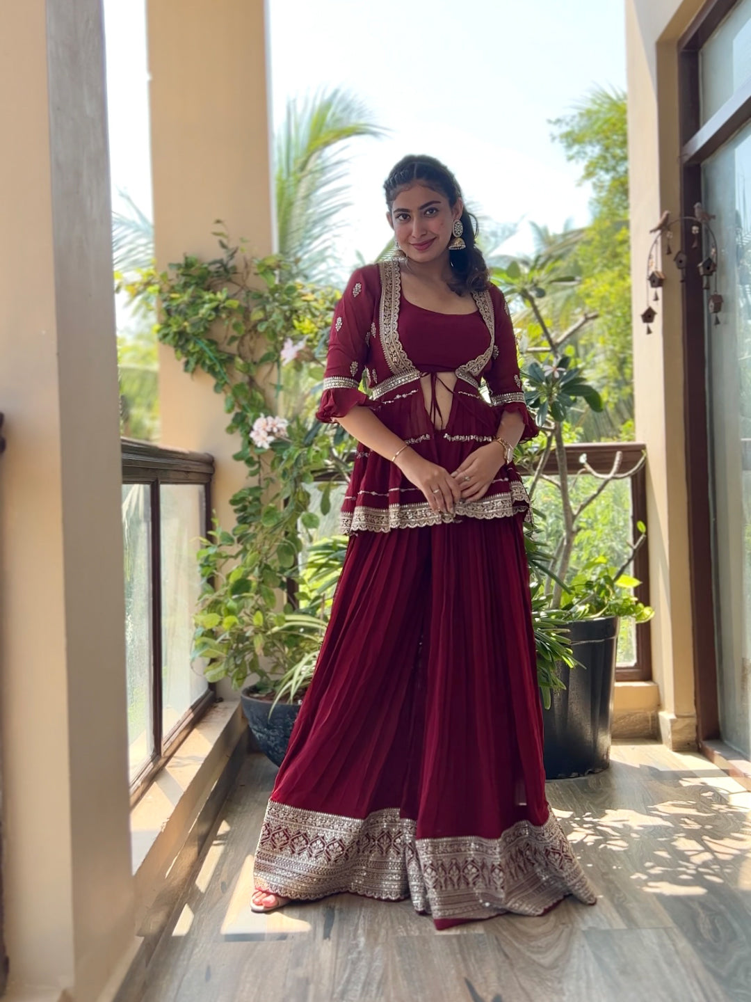 Maroon Georgette Palazzo Set With Butti Work Border