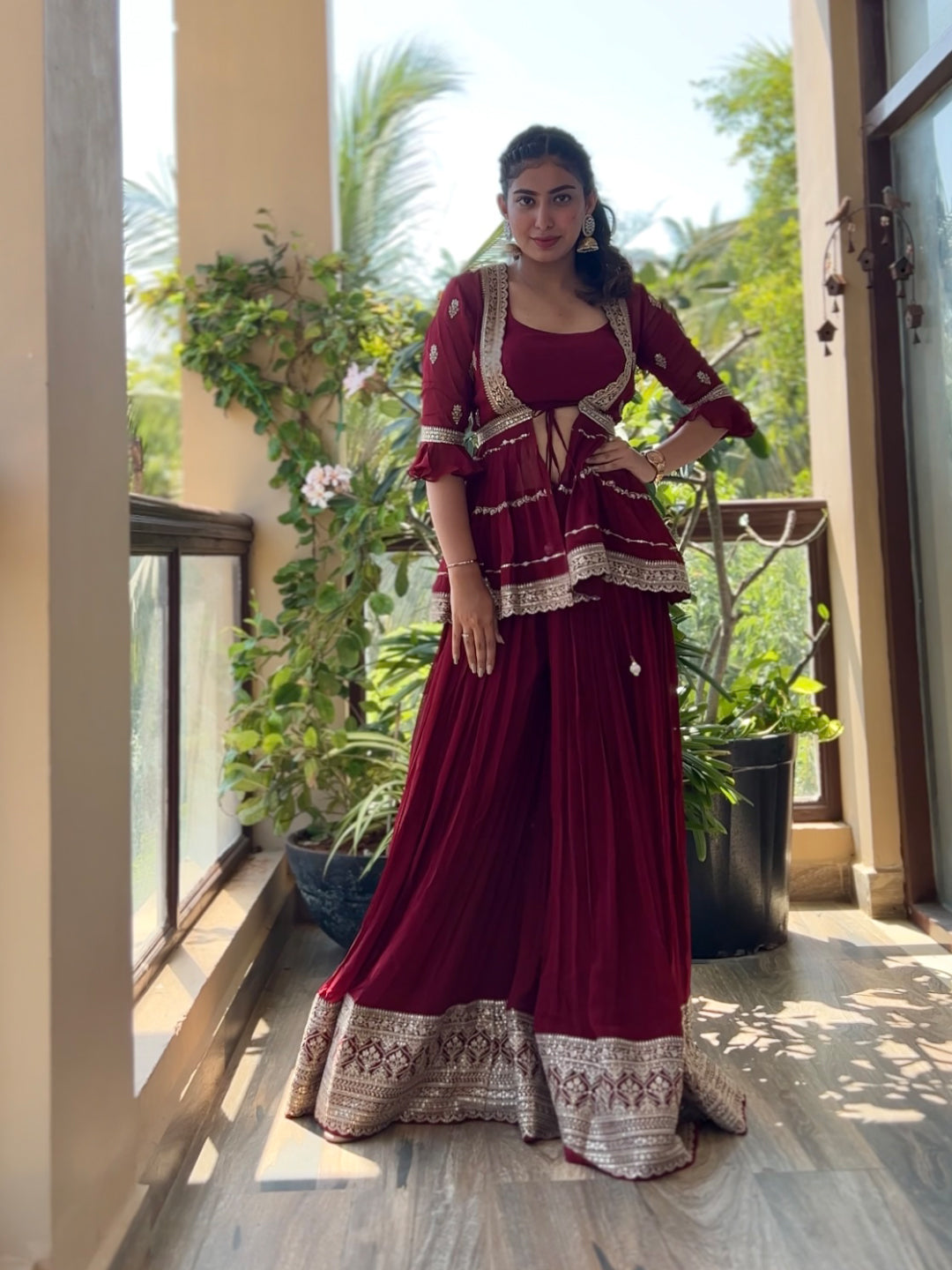 Maroon Georgette Palazzo Set With Butti Work Border