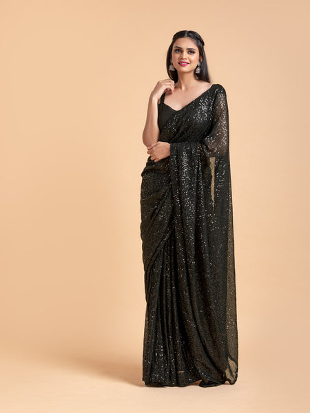 Black Color Stunning Saree On Net With Embroidery Sequin Work - Ethnic Race