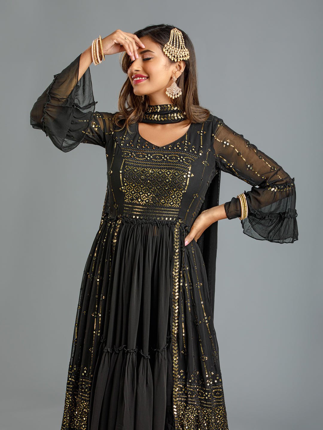 Black Embroidered Side Slit Kurta Sharara Set With Mirror & Sequins Work