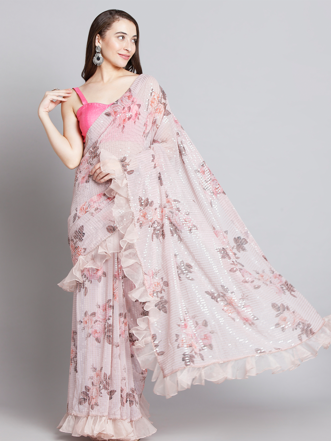 Onion Pink Floral Print Georgette Saree With Ruffle