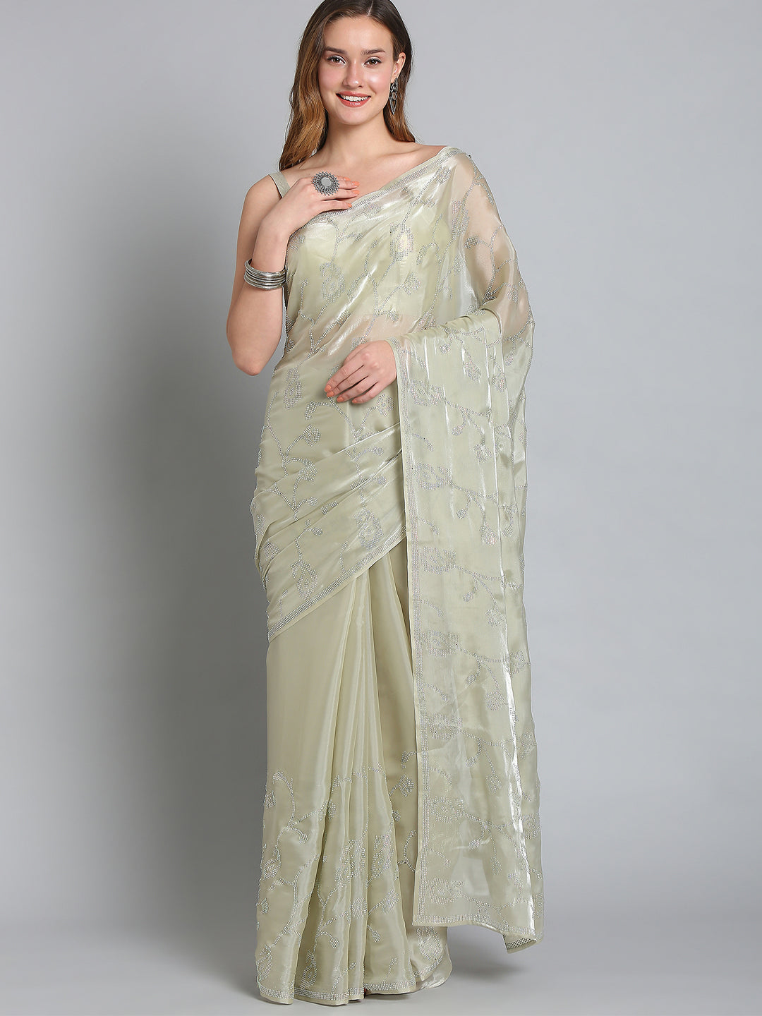 Light Sage Green Soft Tissue Saree With Floral Embroidery