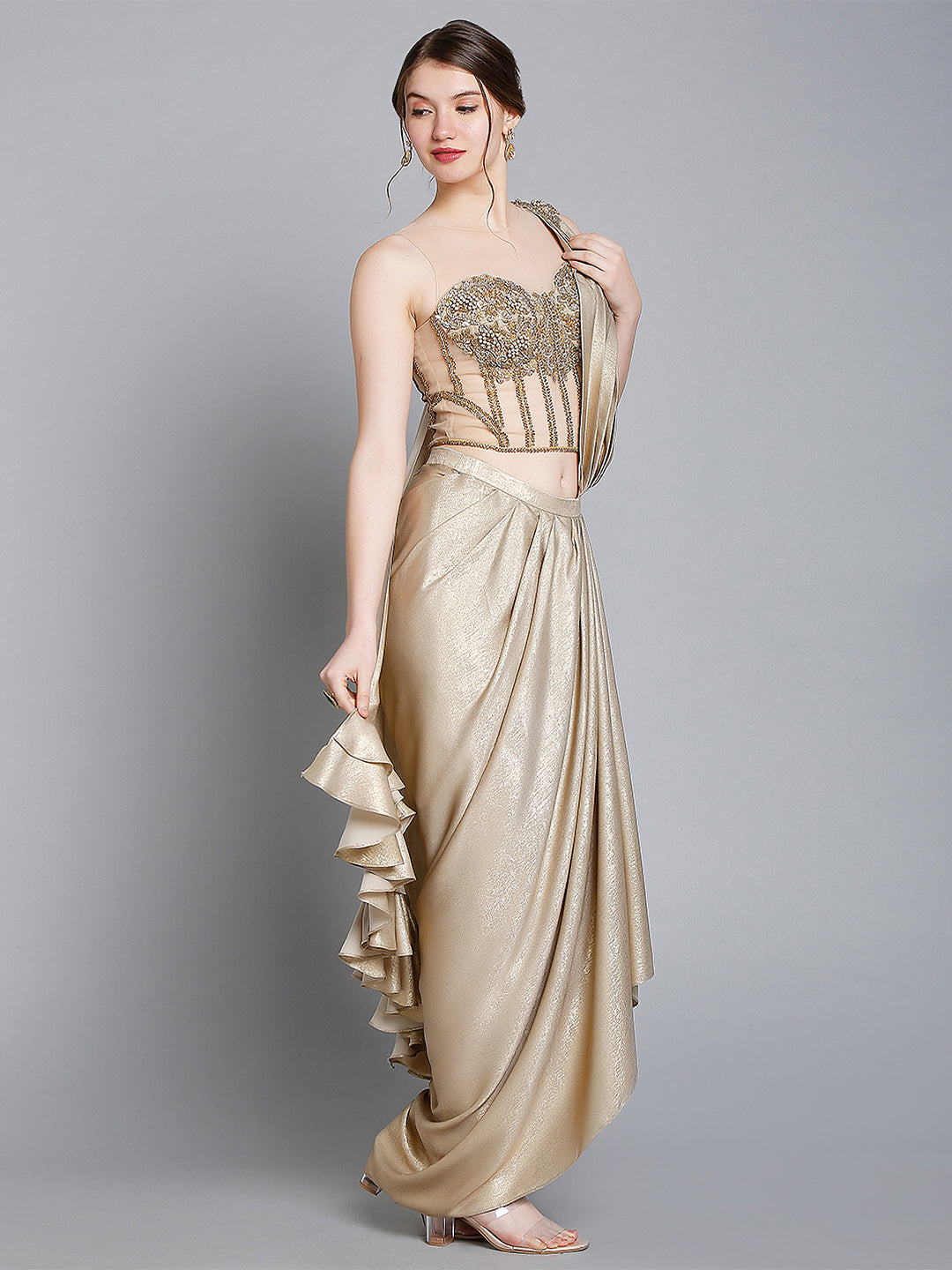 Gold Shimmer Suede Drape Saree