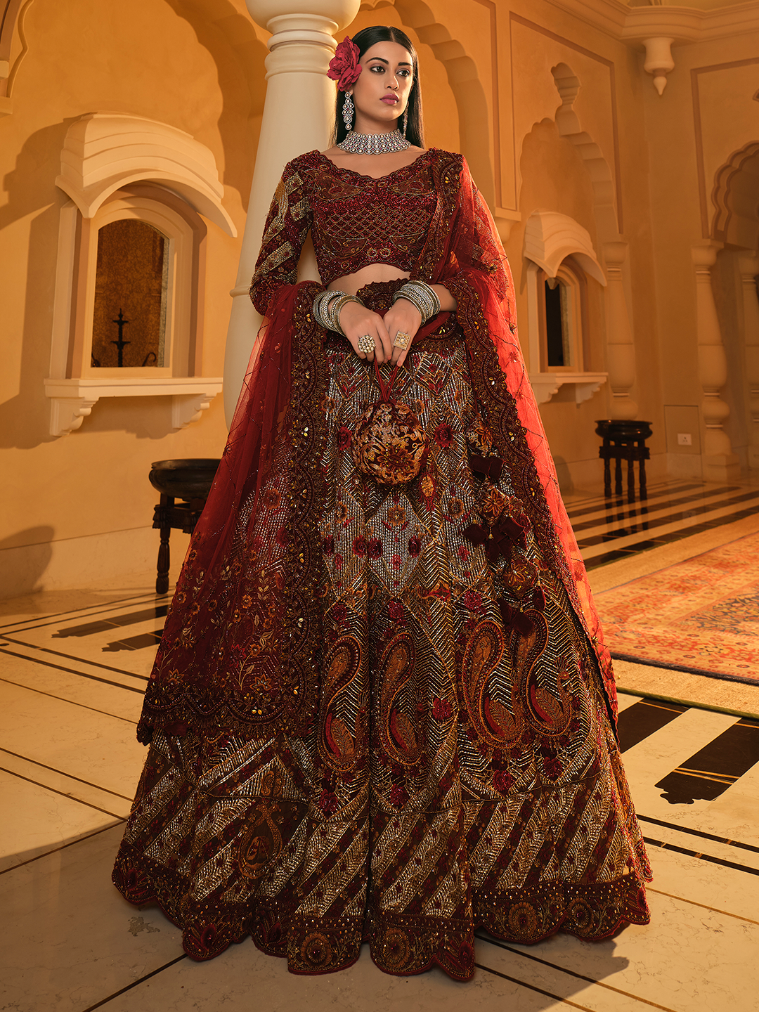 Dark Red Colour Lehenga