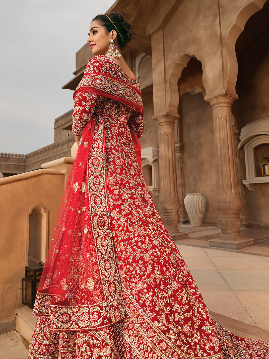 Velvet Bridal Lehenga Choli With All Over Embroidered Flower-Sequins Motif  And Beautiful Dupatta | Exotic India Art