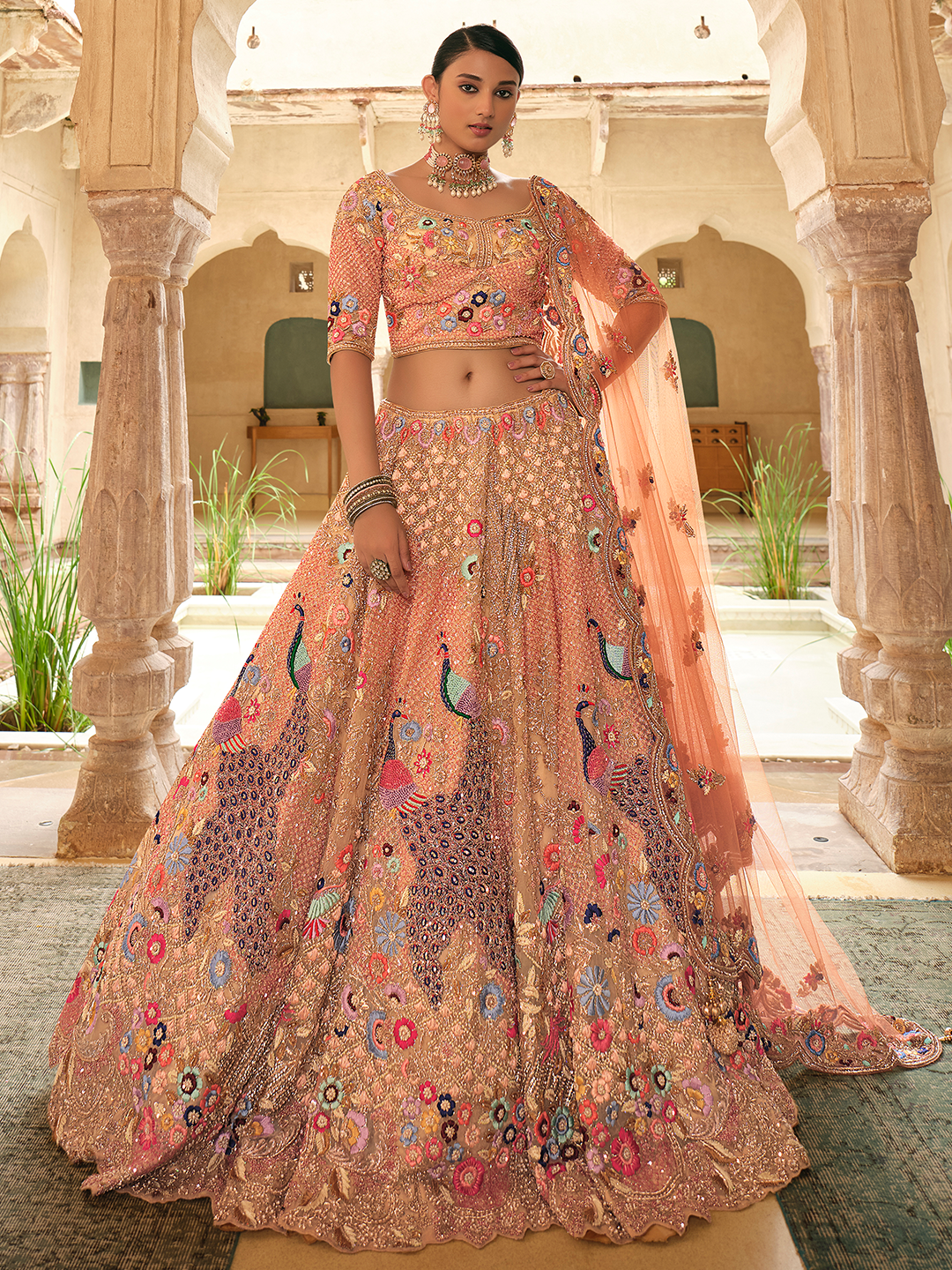 Buy Banglori Silk Peach And Wine Lehenga Choli | Wedding Lehenga Choli