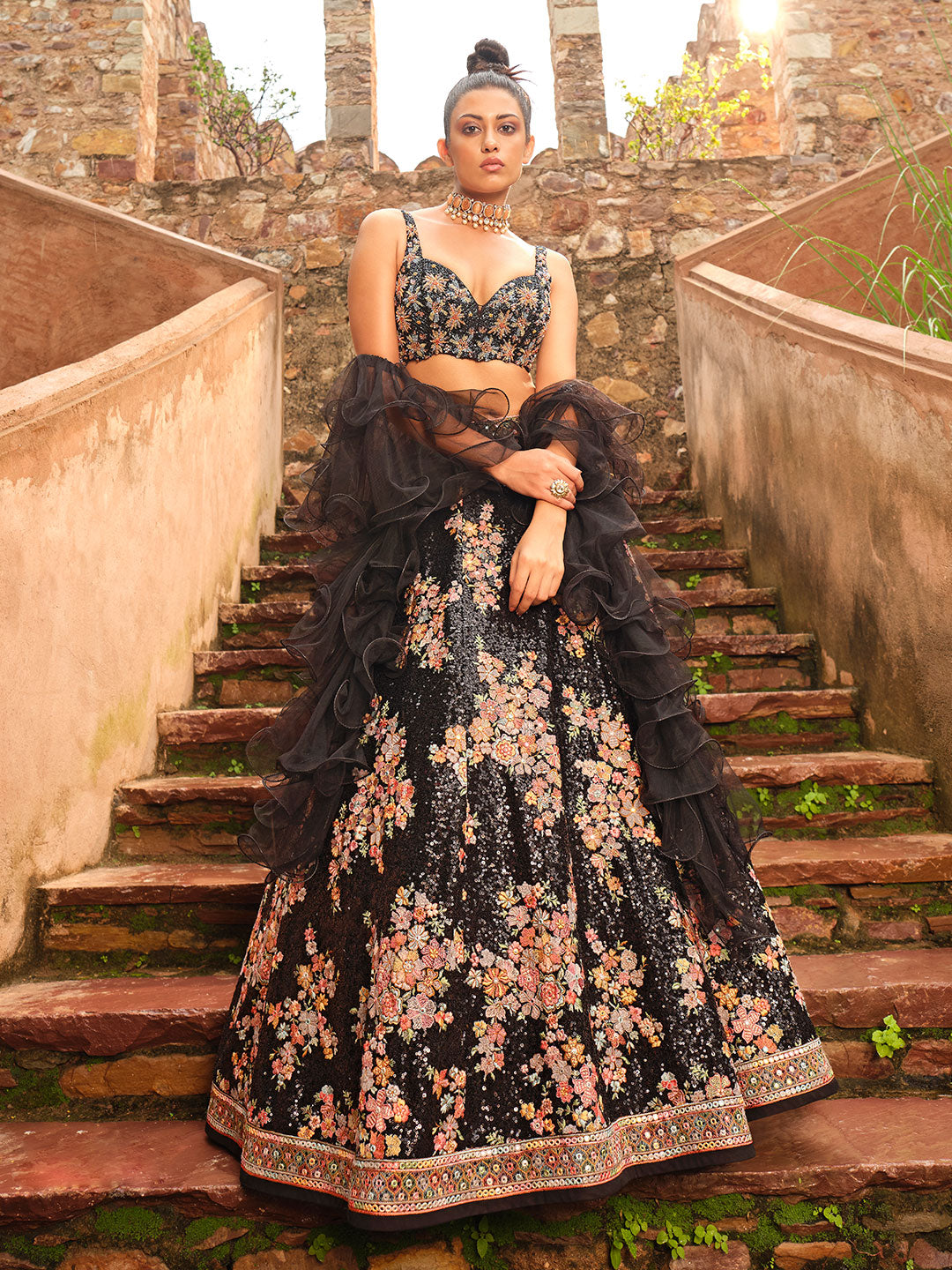Beautiful Black Mirror Work Georgette Reception Wear Lehenga Choli | Lehenga  choli, Stunning outfits, Black lehenga