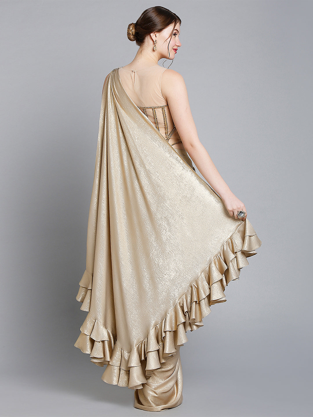 Gold Shimmer Suede Drape Saree