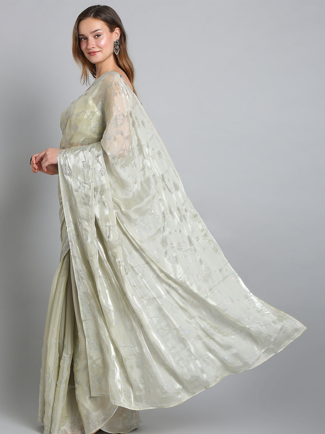 Light Sage Green Soft Tissue Saree With Floral Embroidery