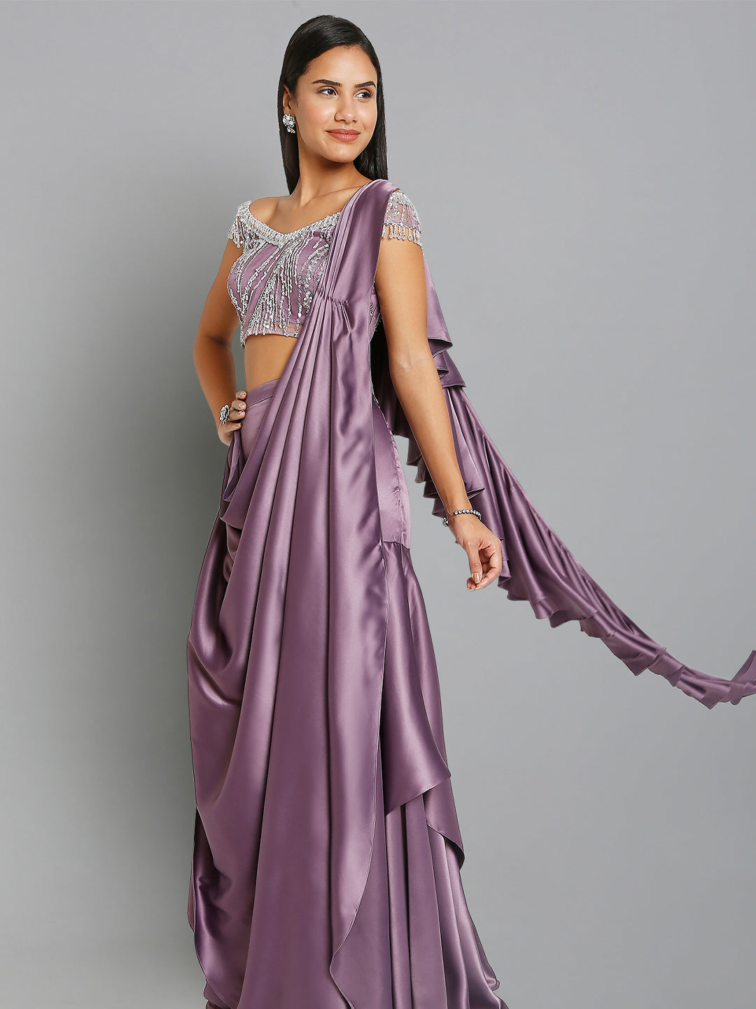 Purple Satin Drape Saree
