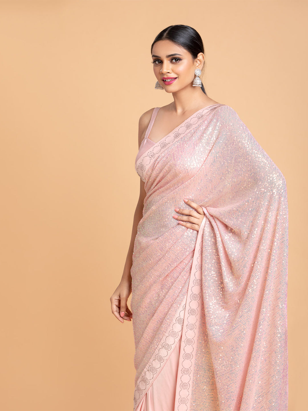 Baby Pink Lycra Saree With Embroidered Sequins Pallu With Blouse Fabric