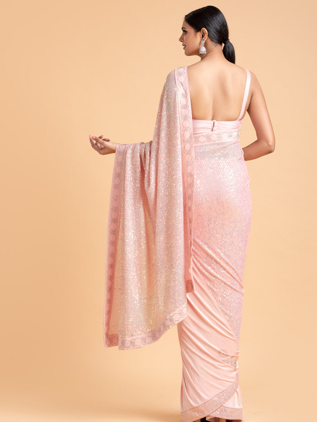 Baby Pink Lycra Saree With Embroidered Sequins Pallu With Blouse Fabric