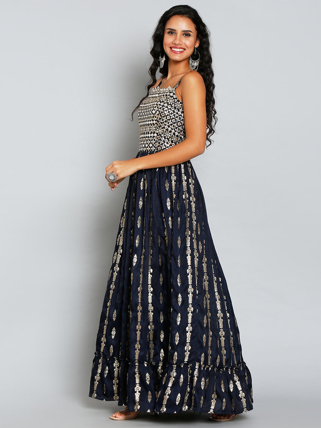 GOLD AND BLACK BROCADE EVENING GOWN A stunning floral brocade evening gown  with pale blue, pink and gold embroidery… | Party wear dresses, Gowns,  Beautiful dresses