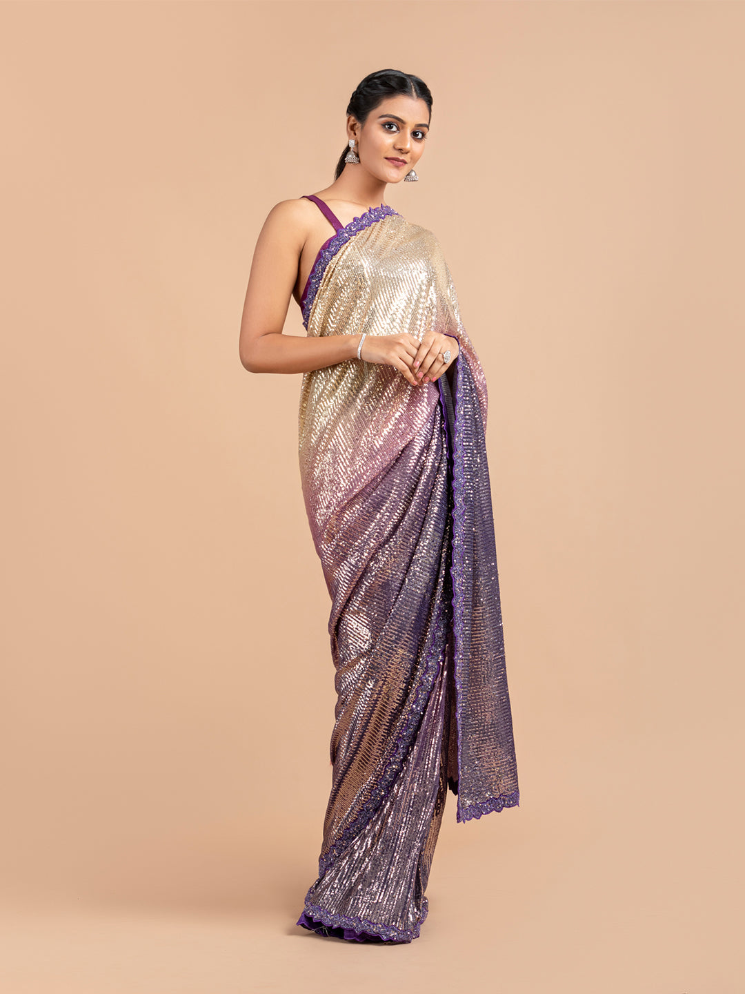 Purple To Champagne Shaded Sequin Saree